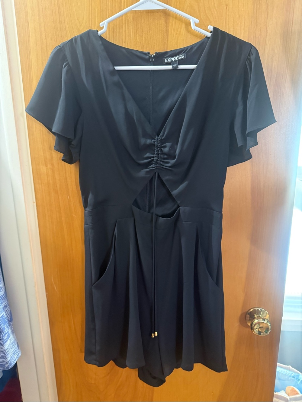 Express Black V-Neck Romper with Front Gather and Cutout